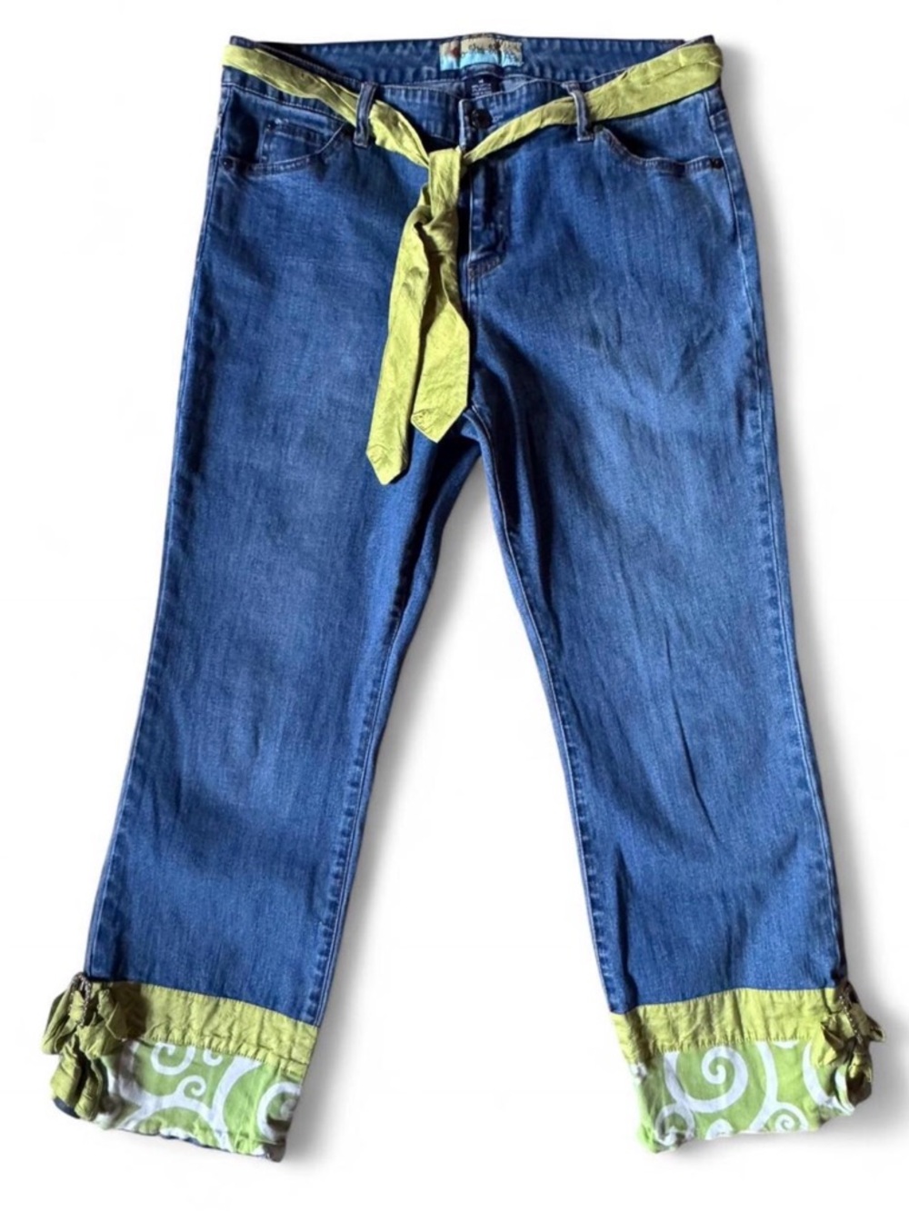 Women's Y2K Blue Denim Cropped Jeans with Green Trim